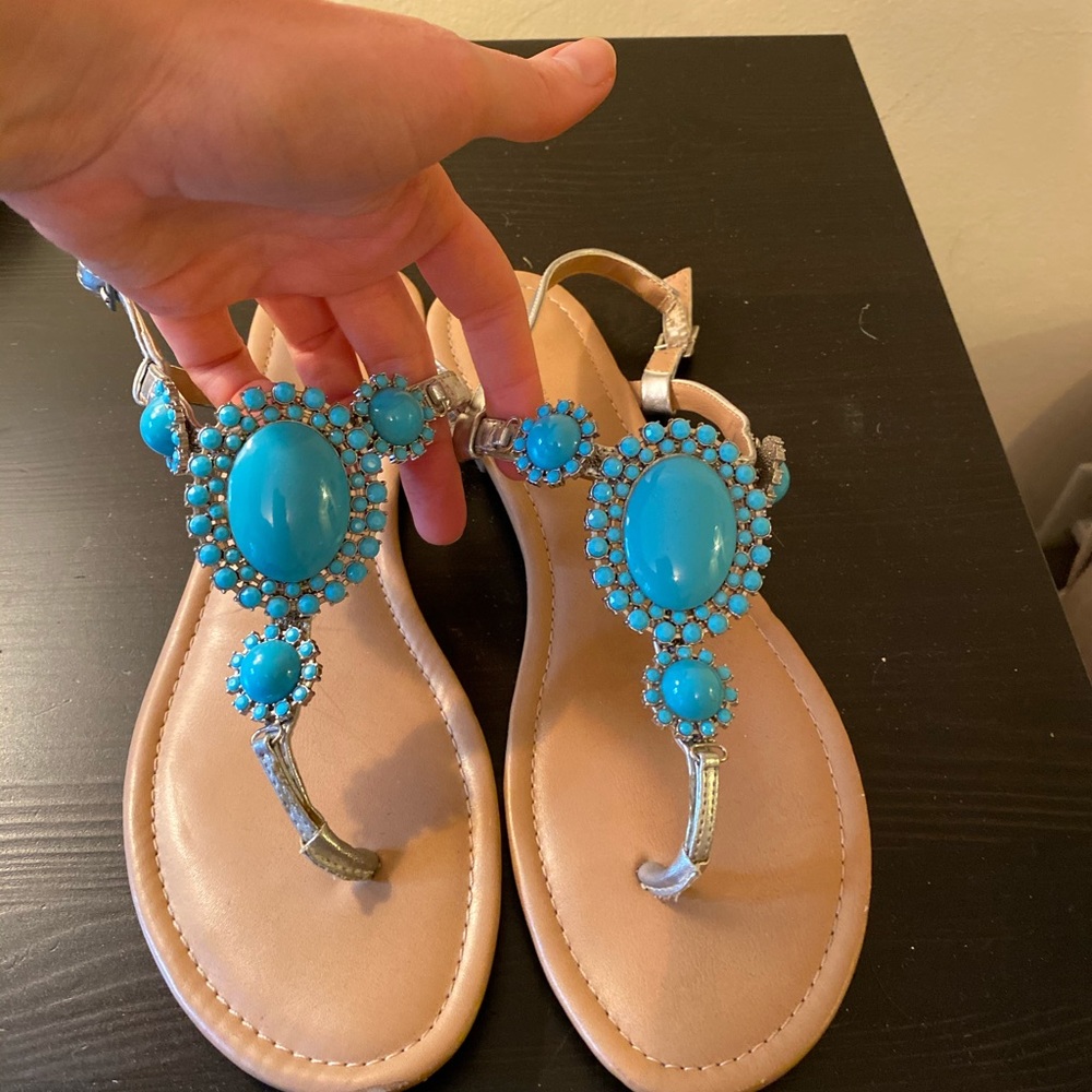 BCBG turquoise & silver flat sandals - size 10